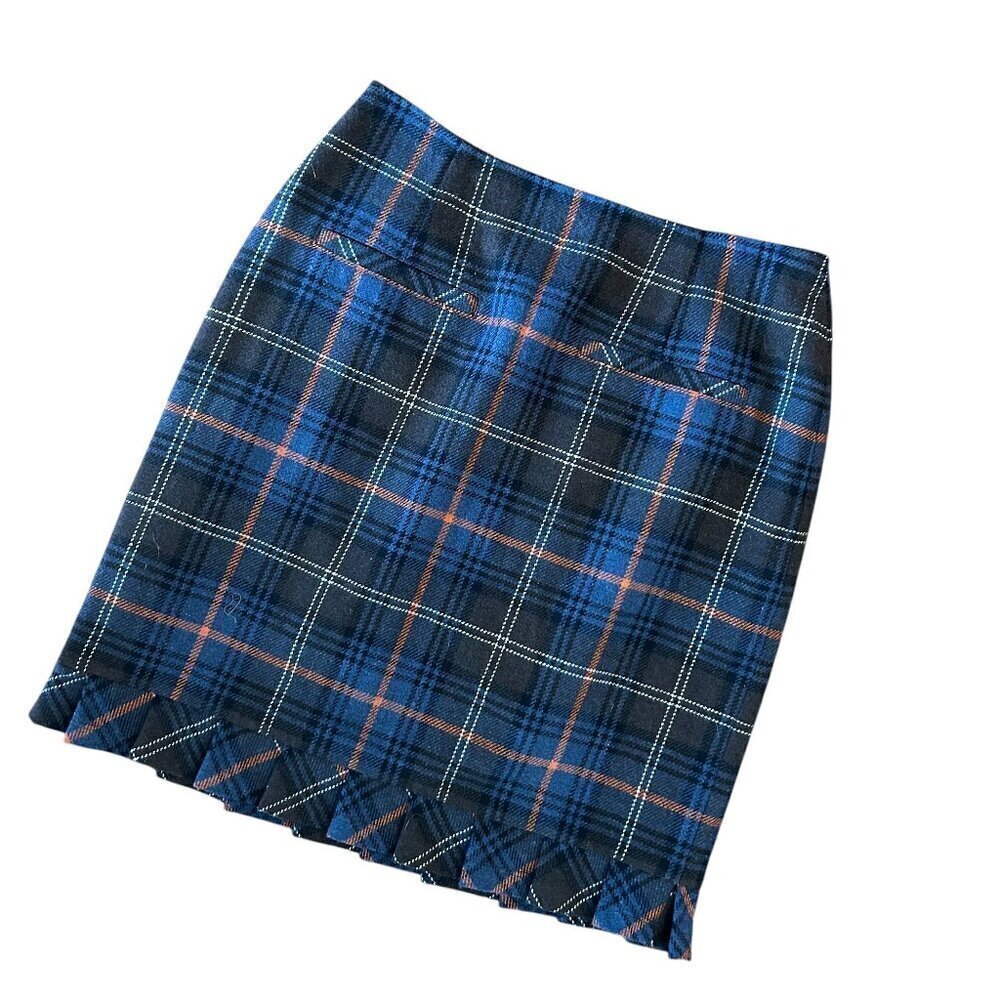 Cabi Wool Blend Plaid Size 6 Pleated Ruffle Pencil Skirt Academia Chantilly